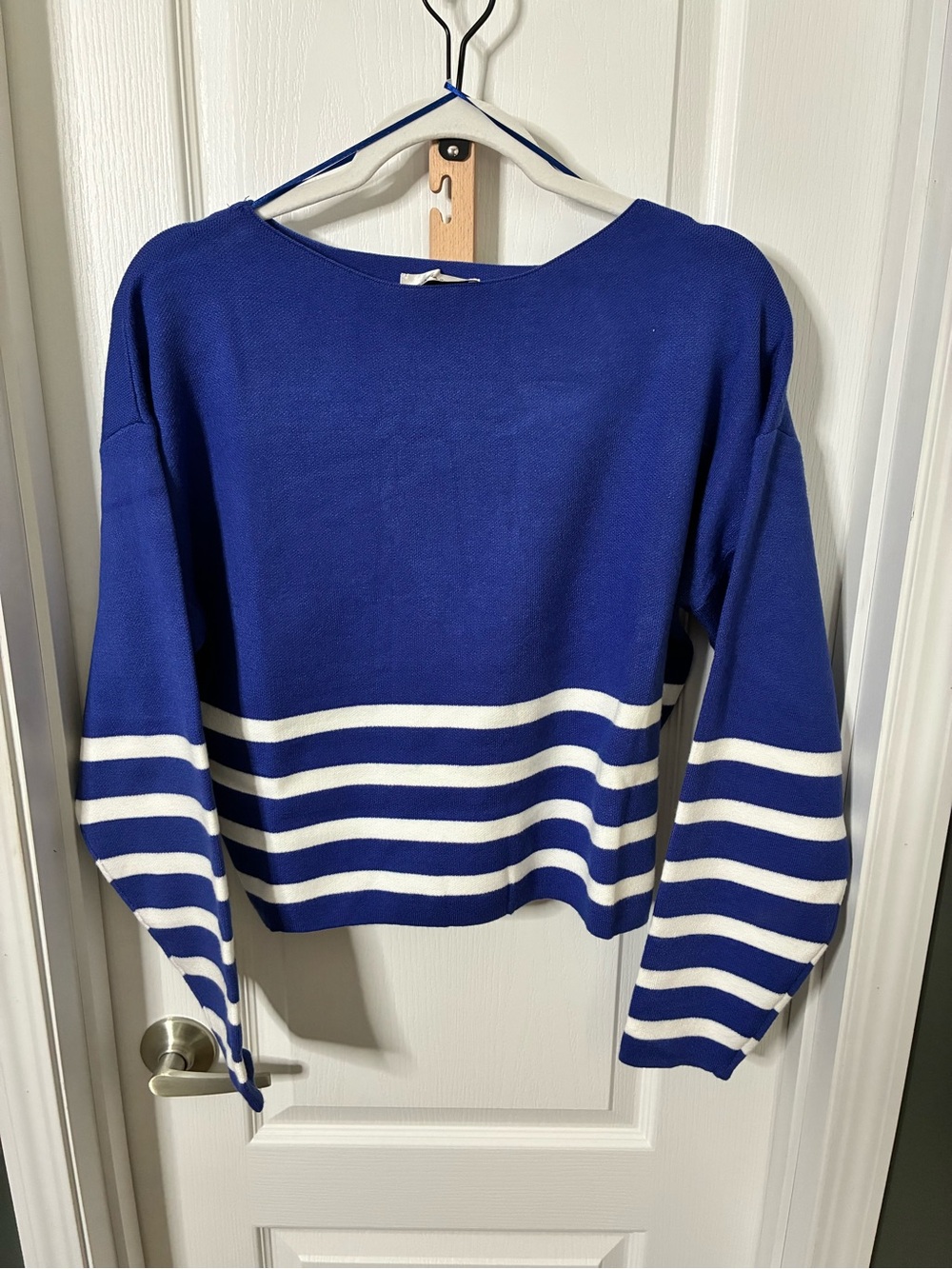 Zenana Viscose Striped Crewneck Knit Sweater Top - Blue - Picture 4 of 4